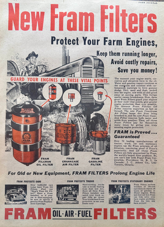 1948 Fram Oil-Air-Fuel  Filters on the Farm & Cone Deeptone Denim Vintage Ad N383