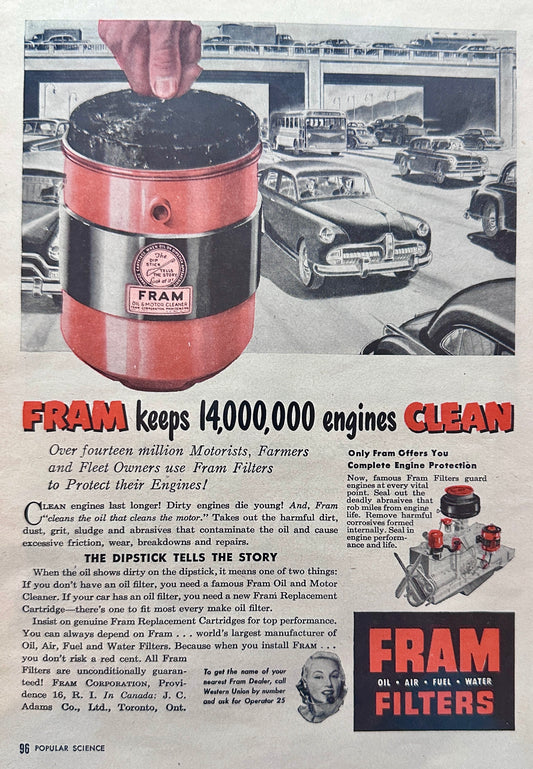 1951 Fram Filters keeps 14,000,000 engines Clean! Vintage Ad N385
