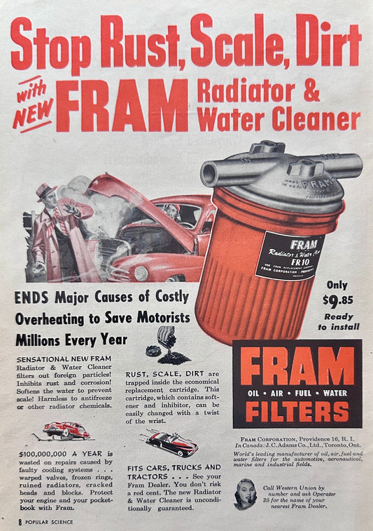 1951 Fram Radiator & Water Cleaner - Stop Rust, Scale, Dirt Vintage Ad N384