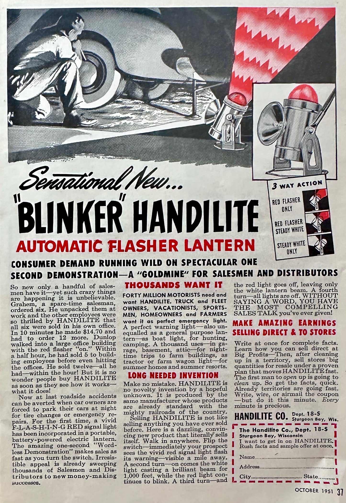 1951 Handilite Automatic Flasher Lantern - Handilite Co Sturgeon Bay, WI N446