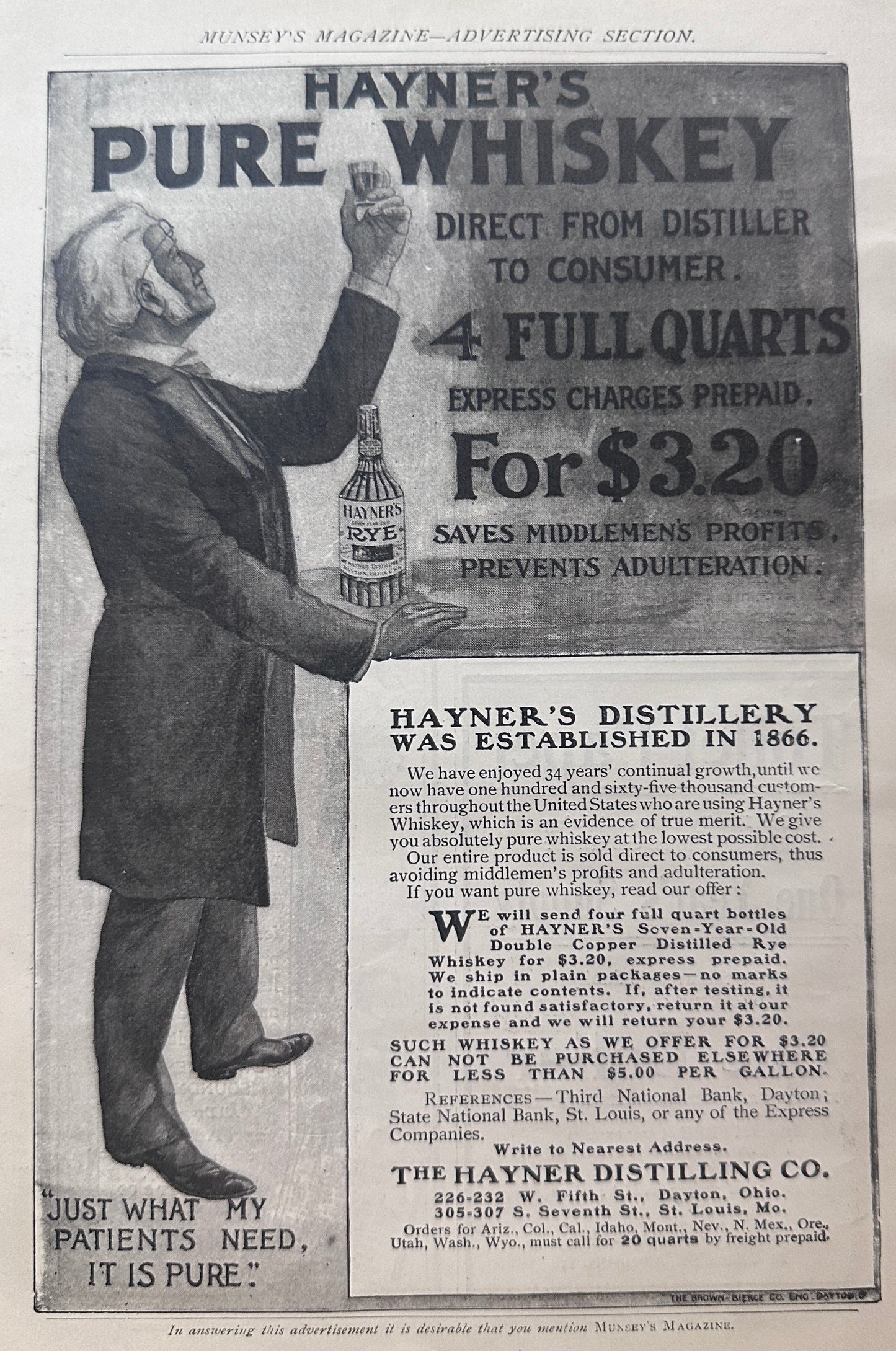 1901 Hayners Pure Whiskey Direct from Distiller Dayton Ohio