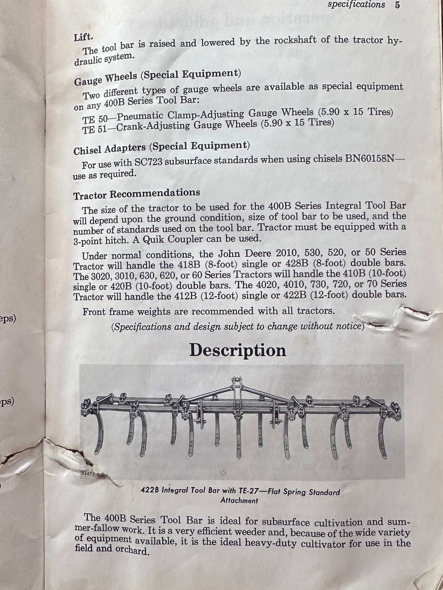 1965 John Deere 400B Series Integral Tool Bar Operator's Manual OM-N97678N N549