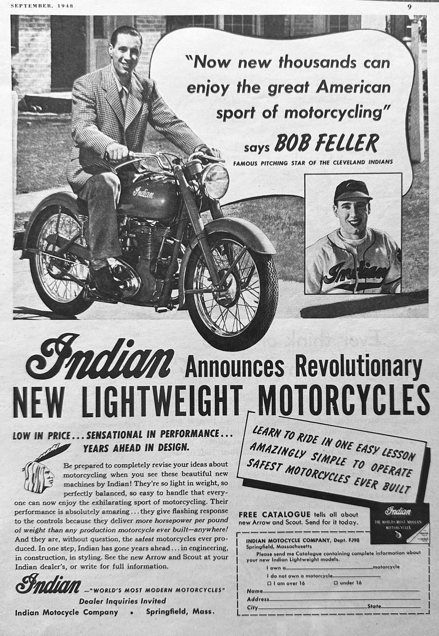 1948 Indian Arrow & Scout Motorcycle Ad - Springfield, MA