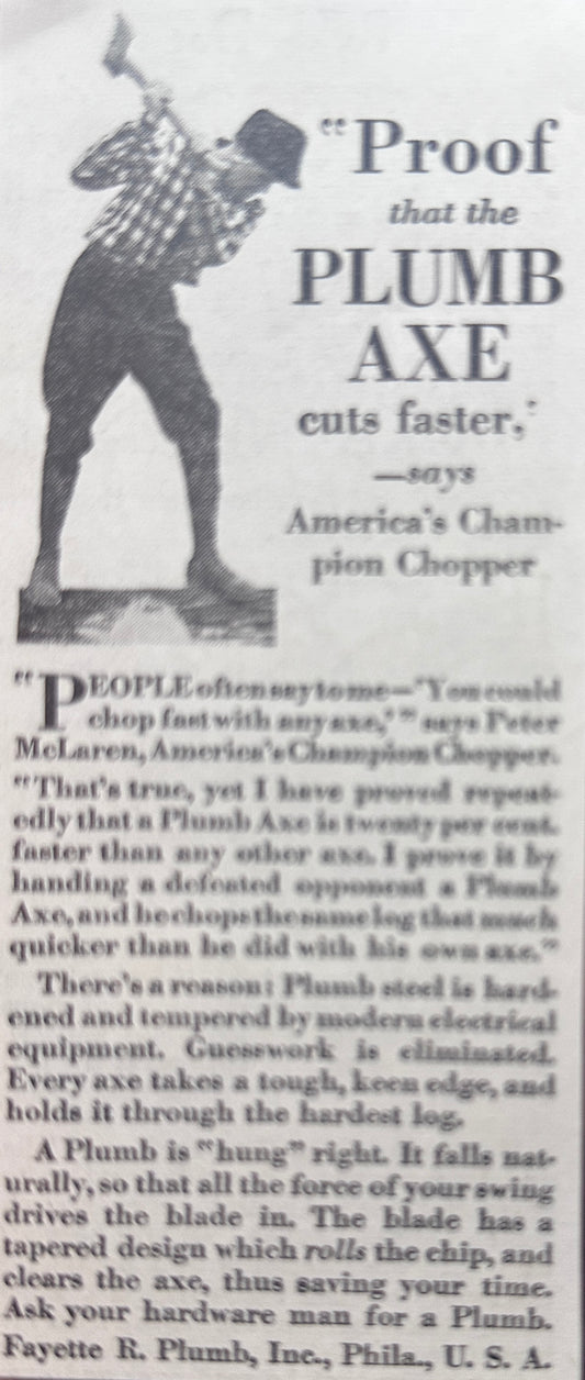 1931 Plumb Axe Used by American's Champion Chopper Vintage Ad N791