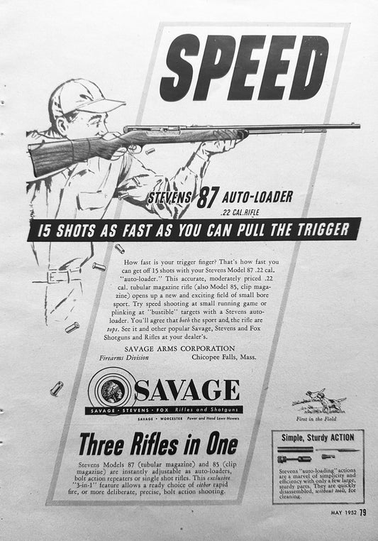 1952 Stevens 87 Auto-Loader Savage Arms Worcester MA Vintage Ad N816