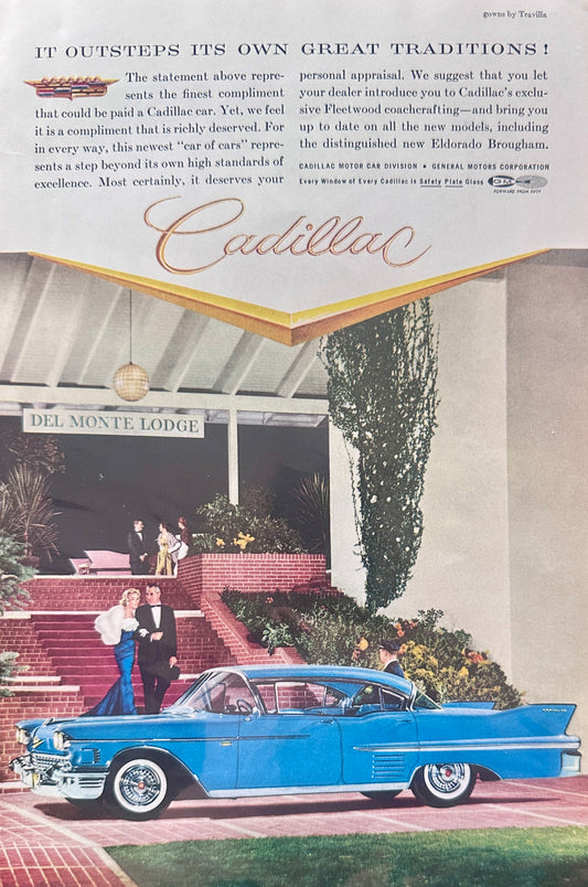 1958 Cadillac Fleetwood Sparkling Blue 4-door Del-Monte Lodge Ad A99