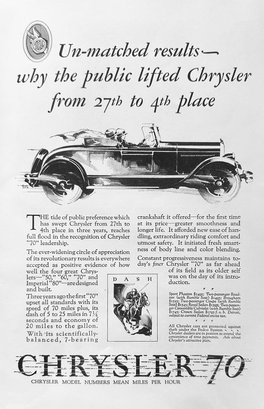 1927 Chrysler 70 Model # means Miles per Hour Ad #A118