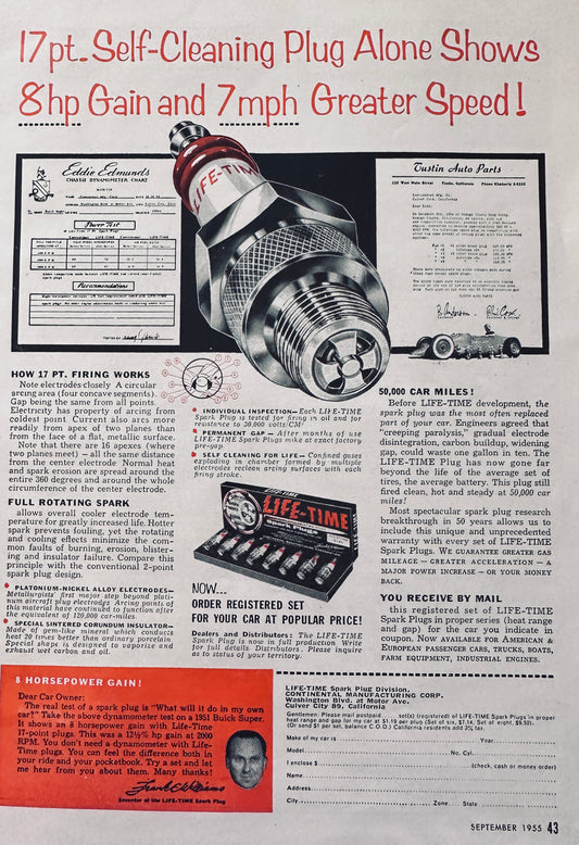 1955 Life-Time Spark Plugs by Continental Mfg. Corp Vintage Ad N578