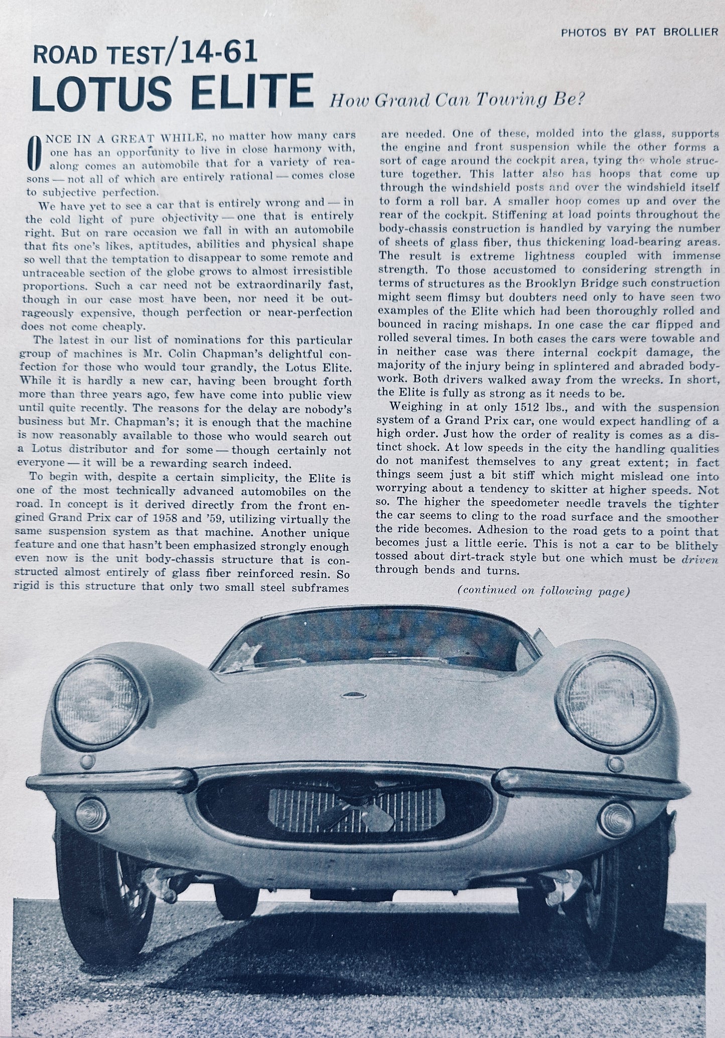 1961 Lotus Elite - Road & Track Road Test Feature Article 5 pages A205