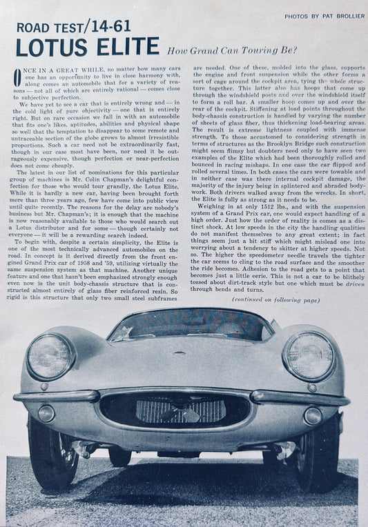 1961 Lotus Elite - Road & Track Road Test Feature Article 5 pages A205