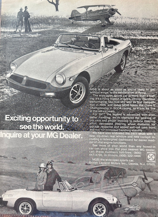 1977 MGB parked in front of a vintage Bi-Plane Vintage Ad #A181