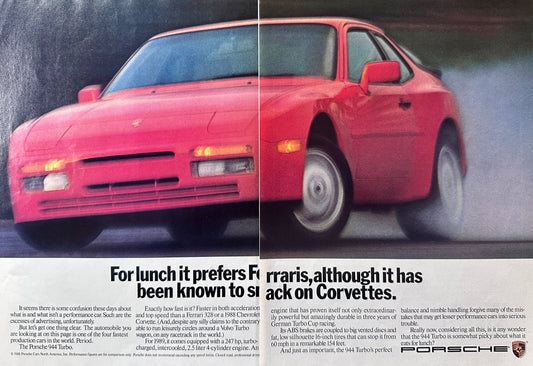 1988 2-Page Porsche 944 Turbo Snacks on Corvettes Vintage Ad