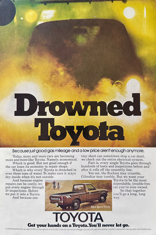1975 Toyota SR-5 Sport Truck - Drowned Toyota Vintage Ad #A265