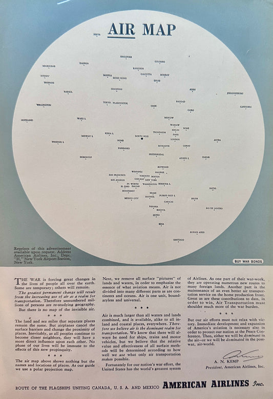 1943 American Airlines Air Map - Charting the Flight Paths of the Future S56