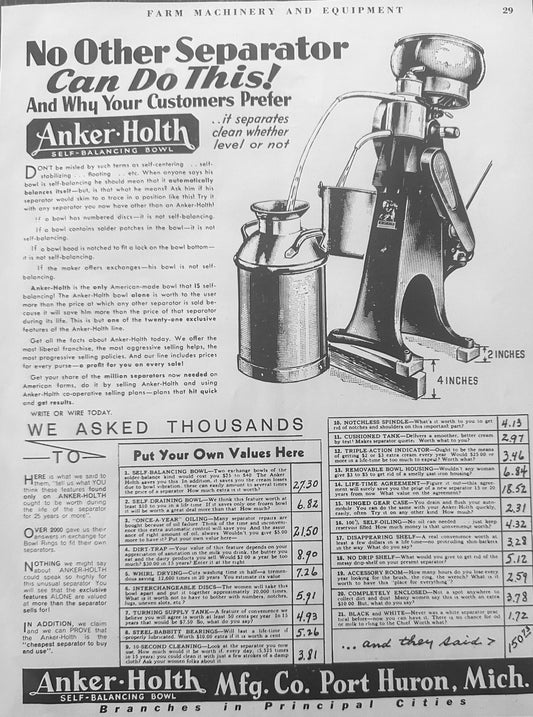 1937 Anker-Holth Cream Separator Port Huron, MI Vintage Ad S60