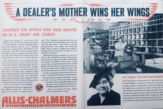 1943 Allis-Chalmers Centerfold Ad Starring Mrs. Burt Wackerli of Idaho Falls ID