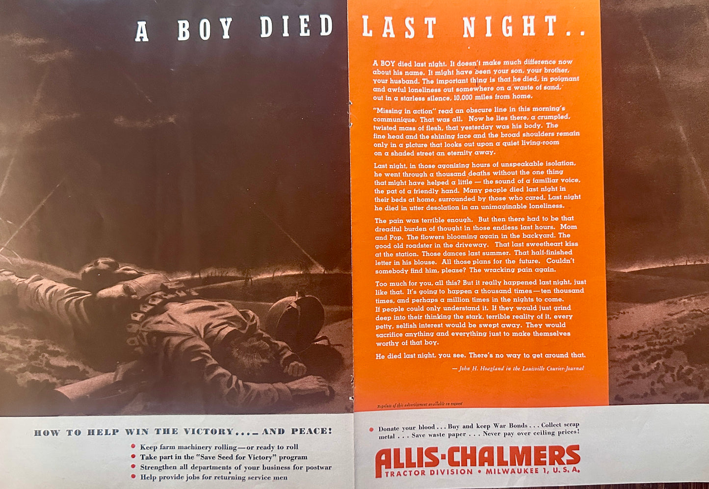 1944 Allis Chalmers Centerfold Tribute to the Fallen Soldiers of War S46