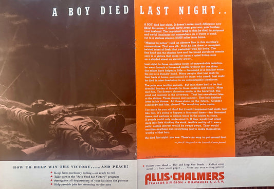 1944 Allis Chalmers Centerfold Tribute to the Fallen Soldiers of War S46