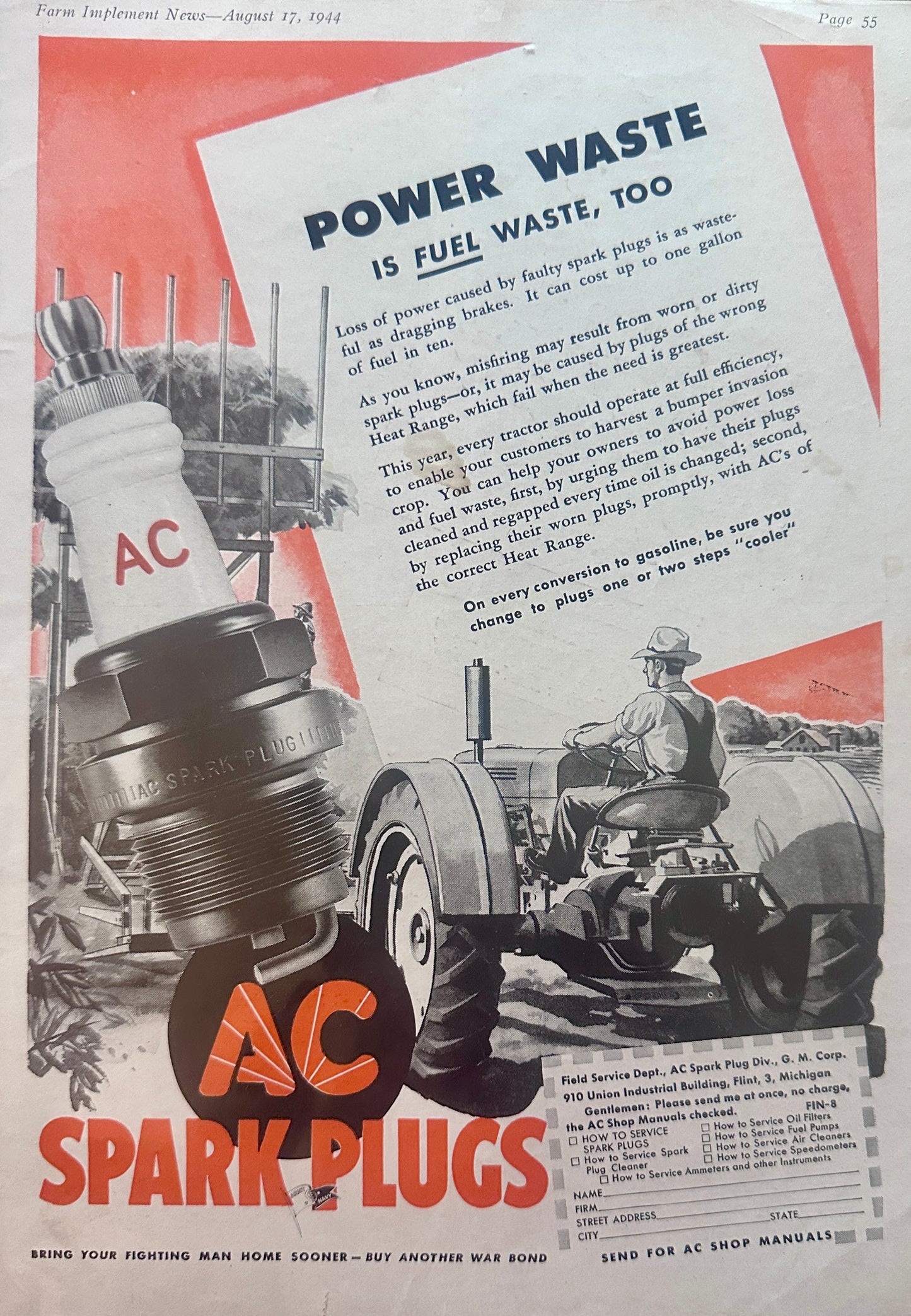 1944 AC Spark Plugs - Power Waste is Fuel Waste Too Vintage Ad S2