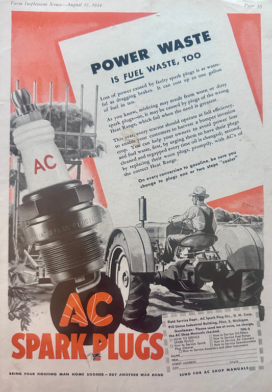 1944 AC Spark Plugs - Power Waste is Fuel Waste Too Vintage Ad S2