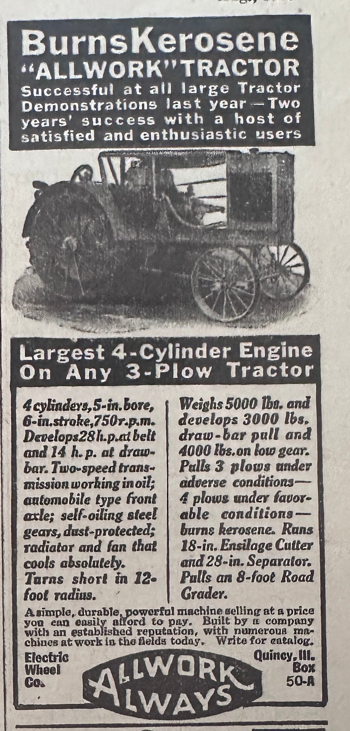 1917 All-Work Kerosene Burning Tractor Engine - Vintage Ad - Small S54