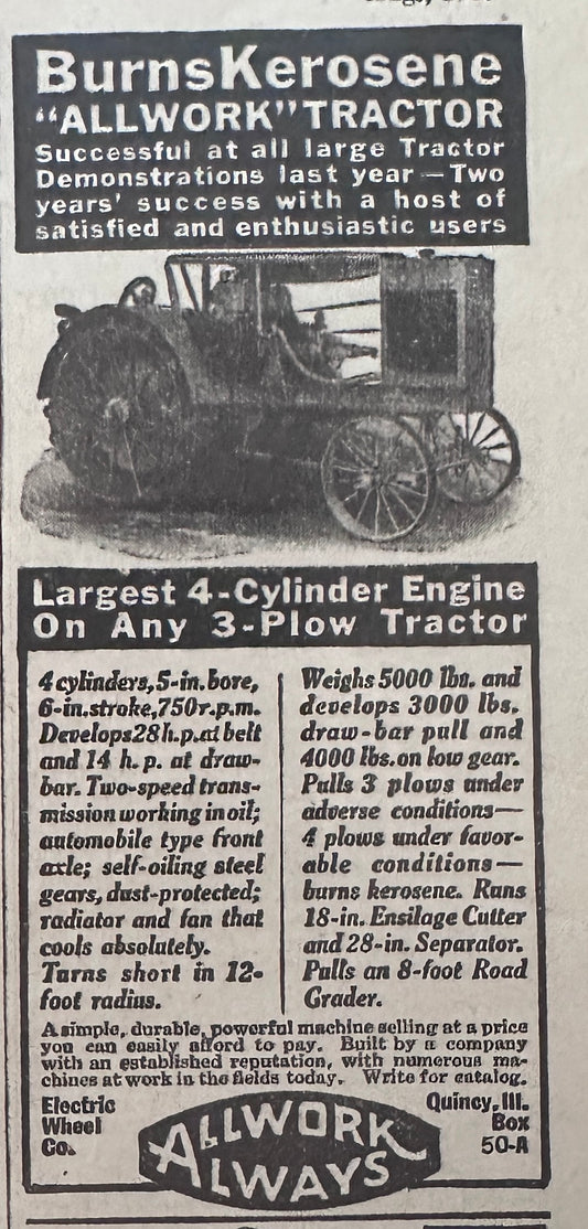 1917 All-Work Kerosene Burning Tractor Engine - Vintage Ad - Small S54