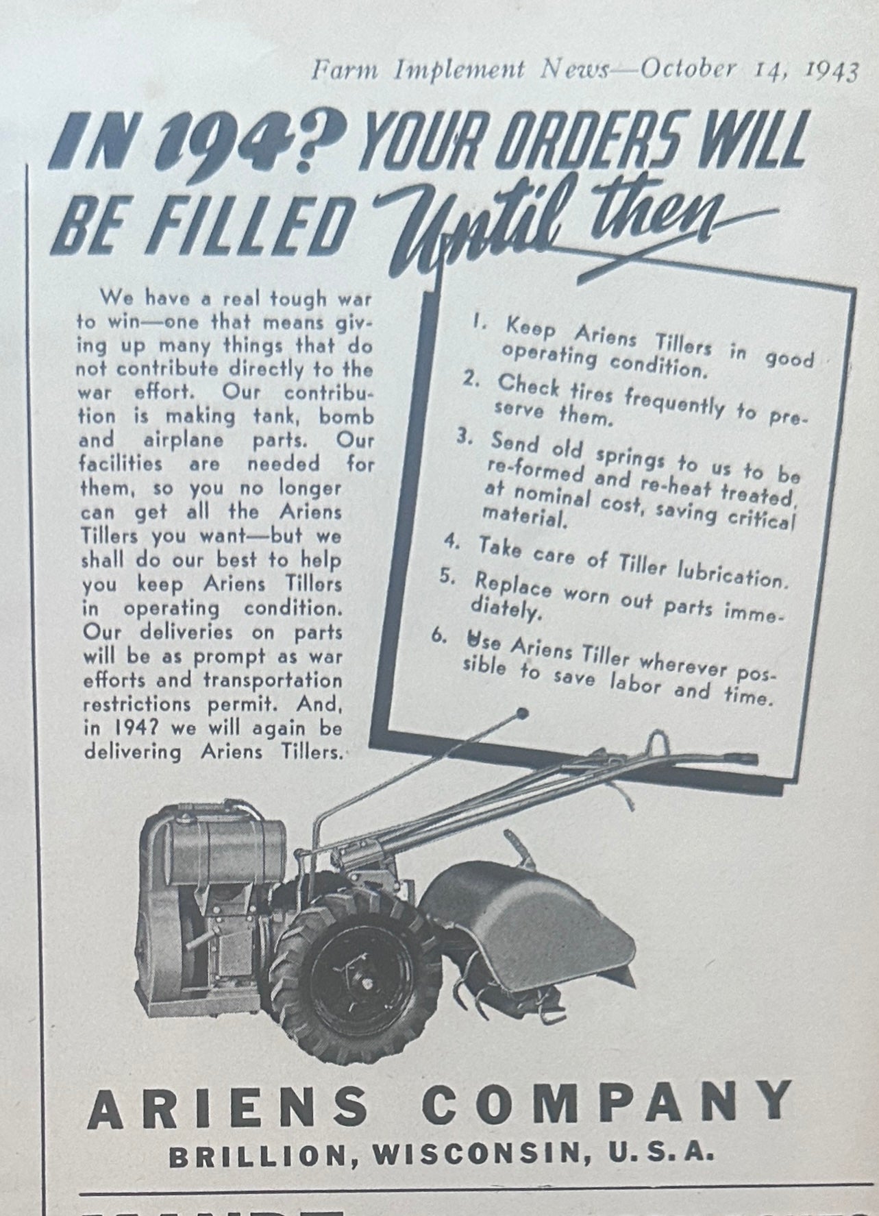 1943 Ariens Company Tillers Brillion, WI Vintage Ad S61