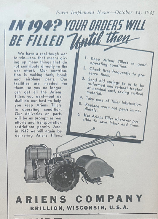 1943 Ariens Company Tillers Brillion, WI Vintage Ad S61