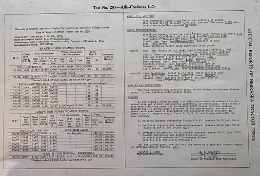 1937 University of Nebraska Test No 287 Allis- Chalmers L-O - Final Report