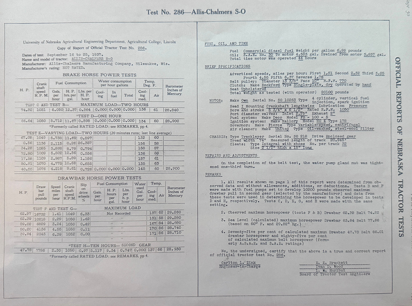 1937 University of Nebraska Test No 286 - Allis Chalmers S-O