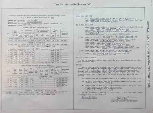 1937 University of Nebraska Test No 286 - Allis Chalmers S-O S40