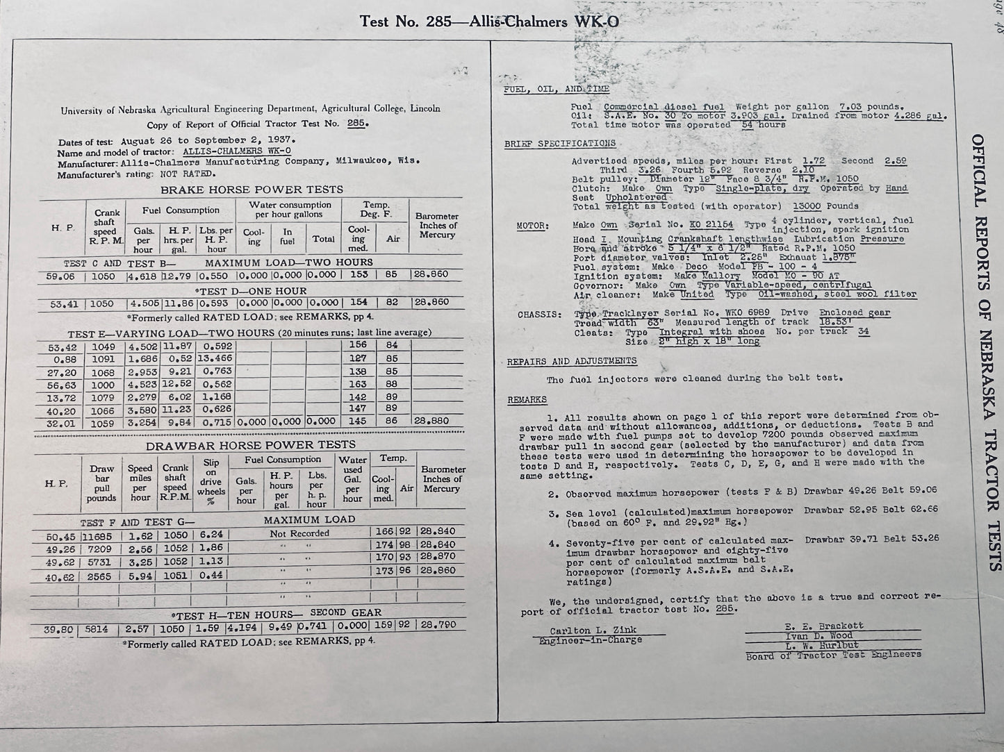 1937 University of Nebraska Test No 285 - Allis Chalmers WK-O S39