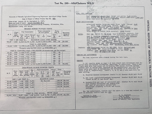 1937 University of Nebraska Test No 285 - Allis Chalmers WK-O S39