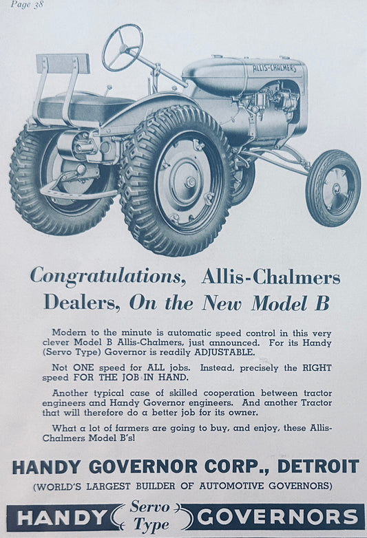 1938 Allis-Chalmers Model B - Handy Governors Corp Detroit MI Vintage Ad S41