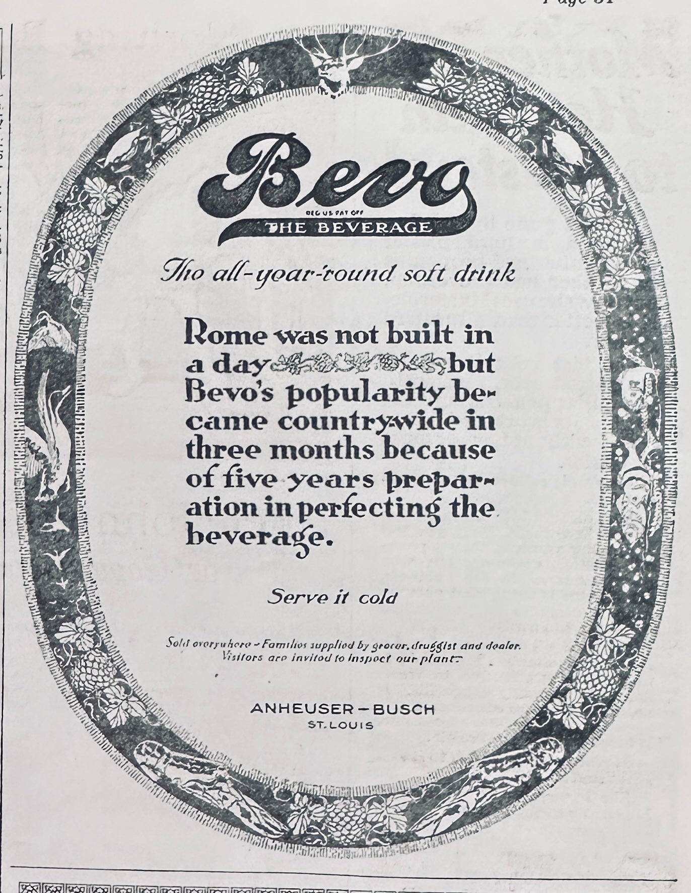1920 BEVO Soft Drink by Anheuser Busch, St. Louis, MO Vintage Ad