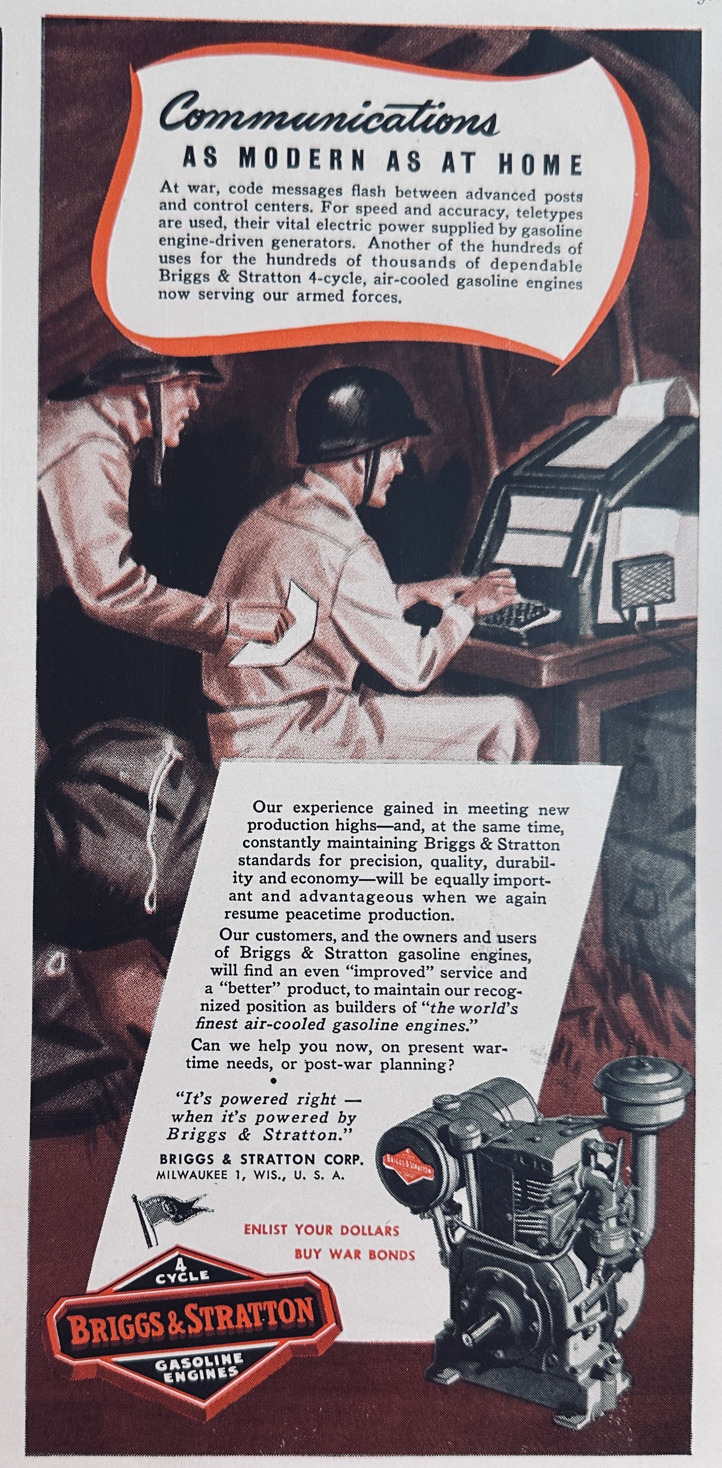 1943 & 1944 Briggs & Stratton Gasoline Engines WWII Era Ad N124