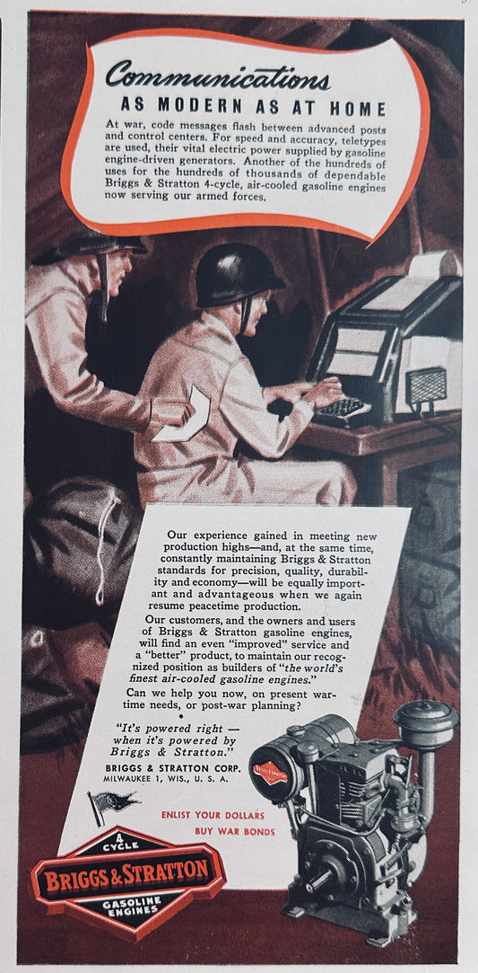 1943 & 1944 Briggs & Stratton Gasoline Engines WWII Era Ad N124