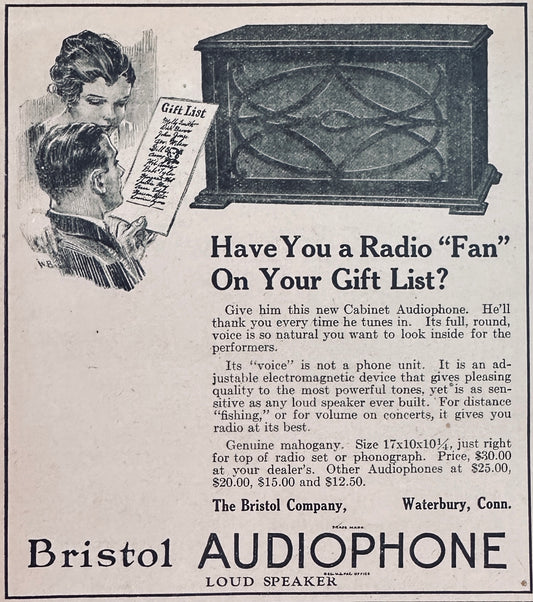 1924 Bristol Audiophone Radio Speaker Vintage Ad N128