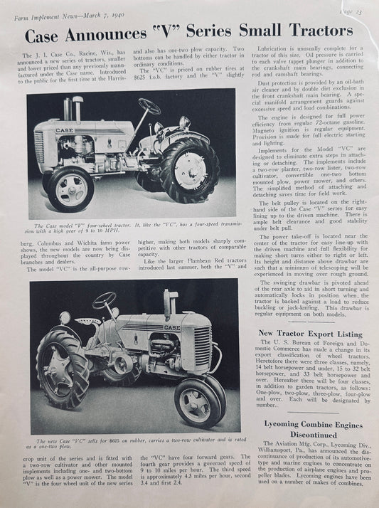 1940 Feature Article on Case "V" and "VC" Small Tractors #1332