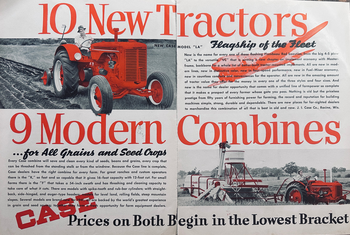 1941 2-Page Case Tractors & Combines Model LA Tractor is the Flagship