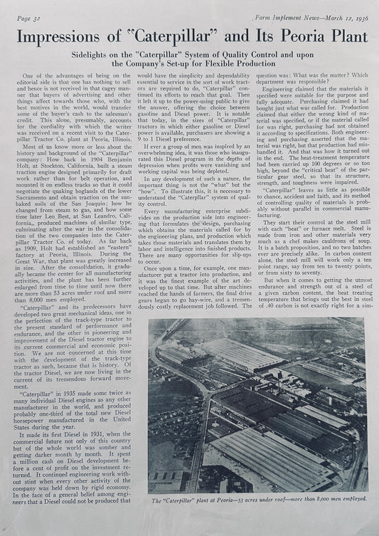 1936 Three-Page Feature Article on Caterpillar Plant in Peoria, IL Nice Photos #1338