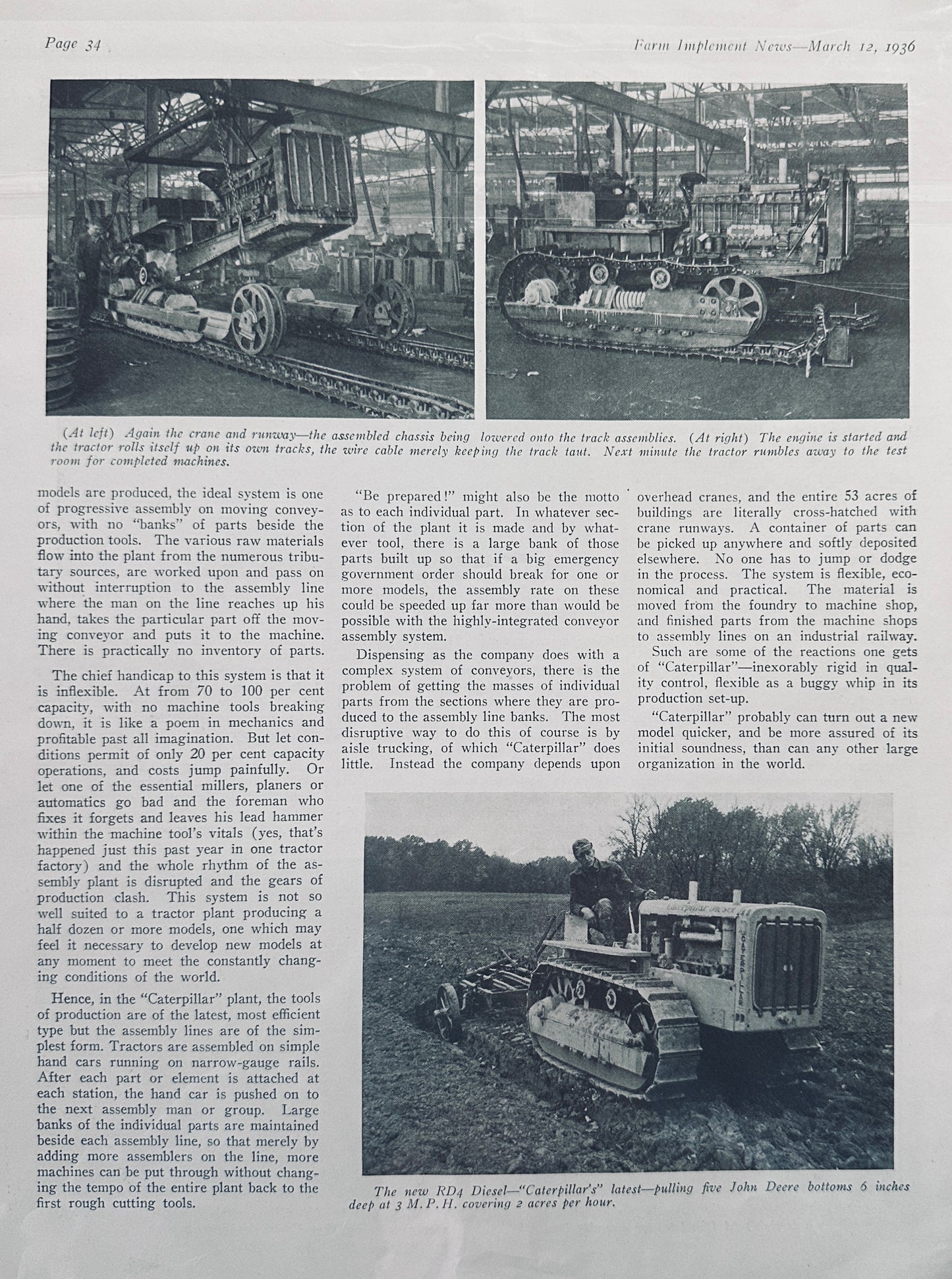1936 Three-Page Feature Article on Caterpillar Plant in Peoria, IL Nice Photos