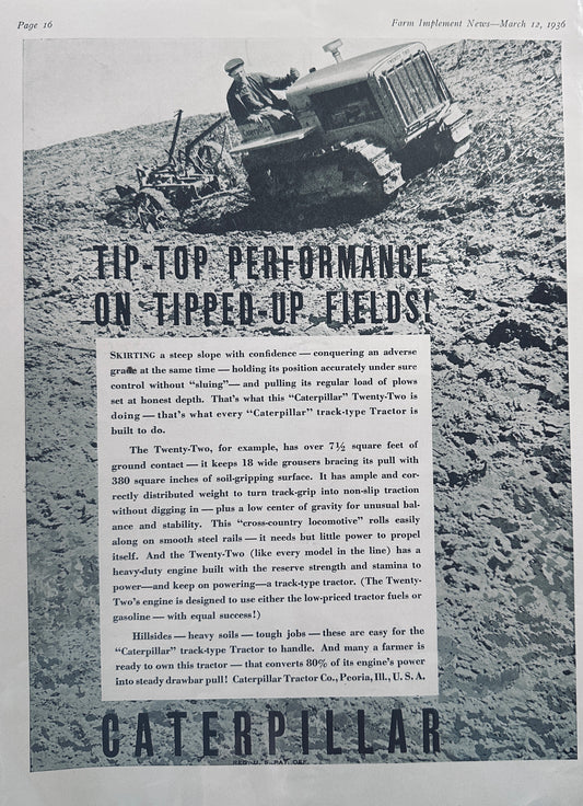 1936 Caterpillar Twenty-Two Track-Type Tracker Vintage Ad #1337
