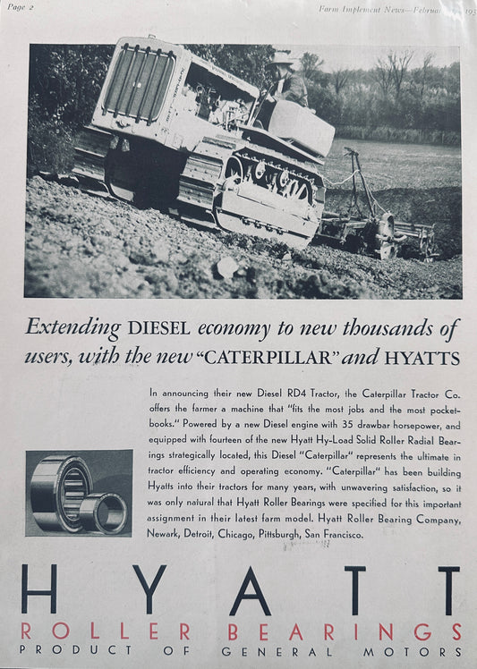 1936 Caterpillar RD4 Diesel uses Hyatt Roller Bearings & RD6 Vintage Ads N168