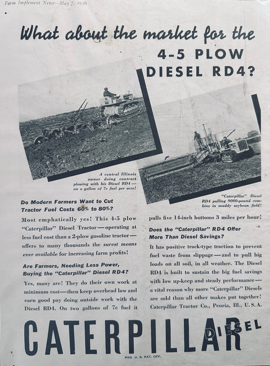 1936 Caterpillar 4-5 Plow Diesel RD4 Vintage Ad - Barnyard Patina N167