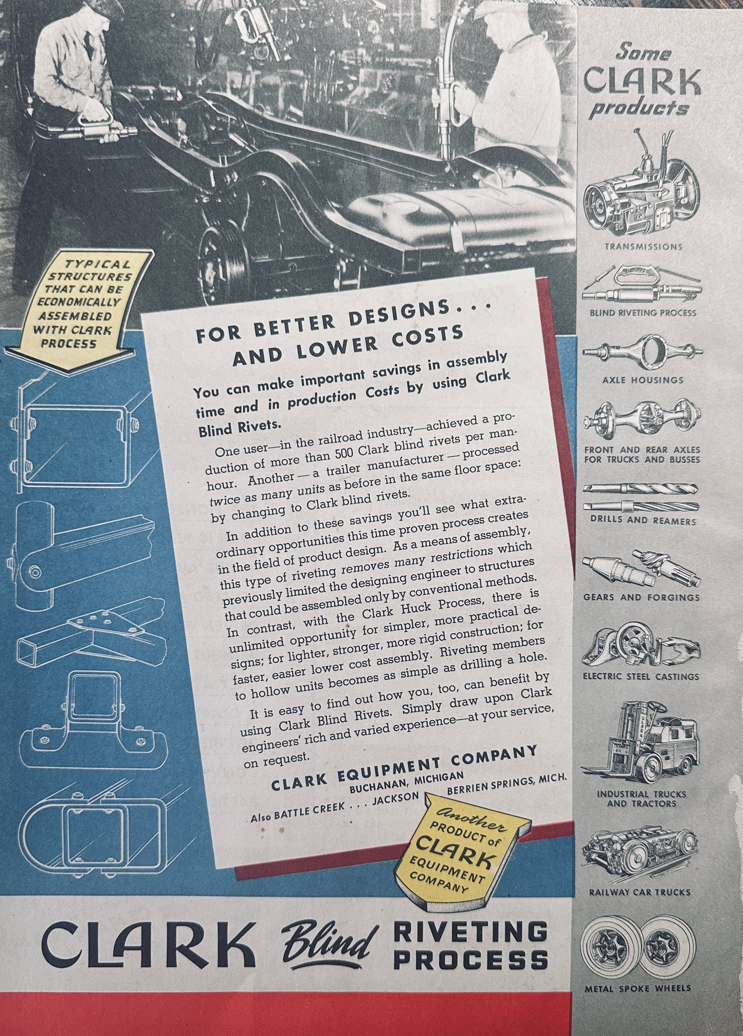 1944 Clark Blind Riveting Process Buchanan, MI Vintage Double Sided Ad N216