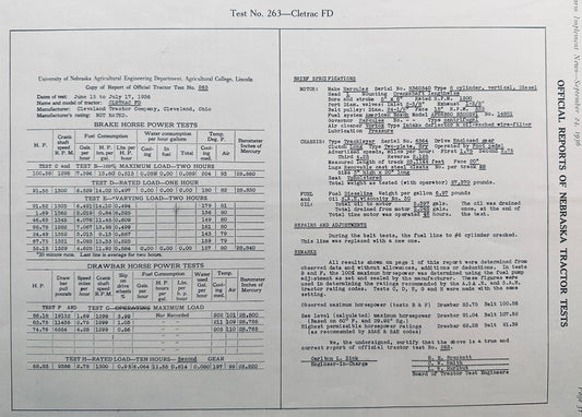 1936 Official Report of Nebraska Tractor Test No. 263 Cletrac FD N217