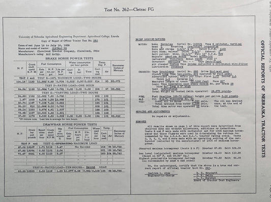1936 Official Nebraska Tractor Test Report #262 Cletrac Model FG N218