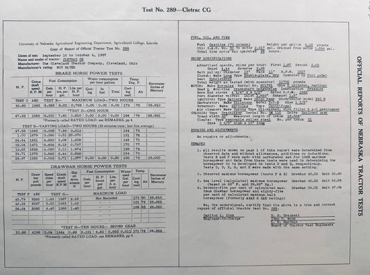 1937 University of Nebraska Tractor Test #289 - Cletrac CG N220