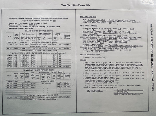 1937 Nebraska Official Tractor Test Report #288 - Cletrac Model BD N221